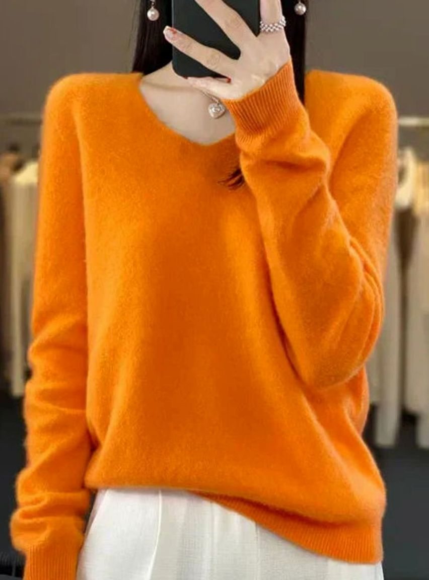 Women's Soft Knit V-Neck Cashmere-Feel Pullover Sweater - Orange