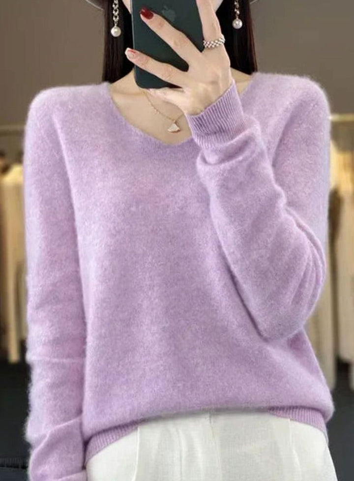 Women's Soft Knit V-Neck Cashmere-Feel Pullover Sweater - Purple
