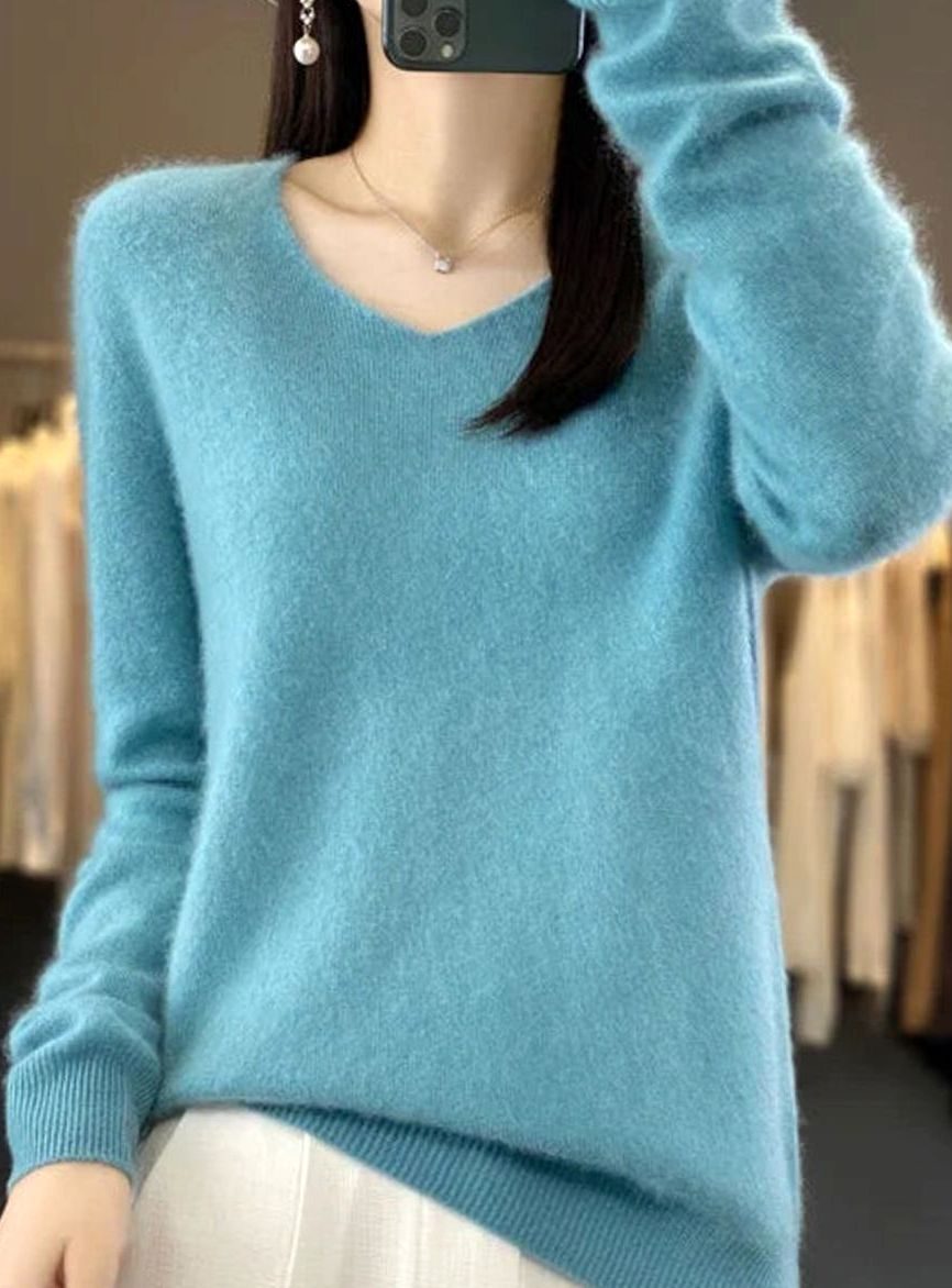 Women's Soft Knit V-Neck Cashmere-Feel Pullover Sweater - Turquoise
