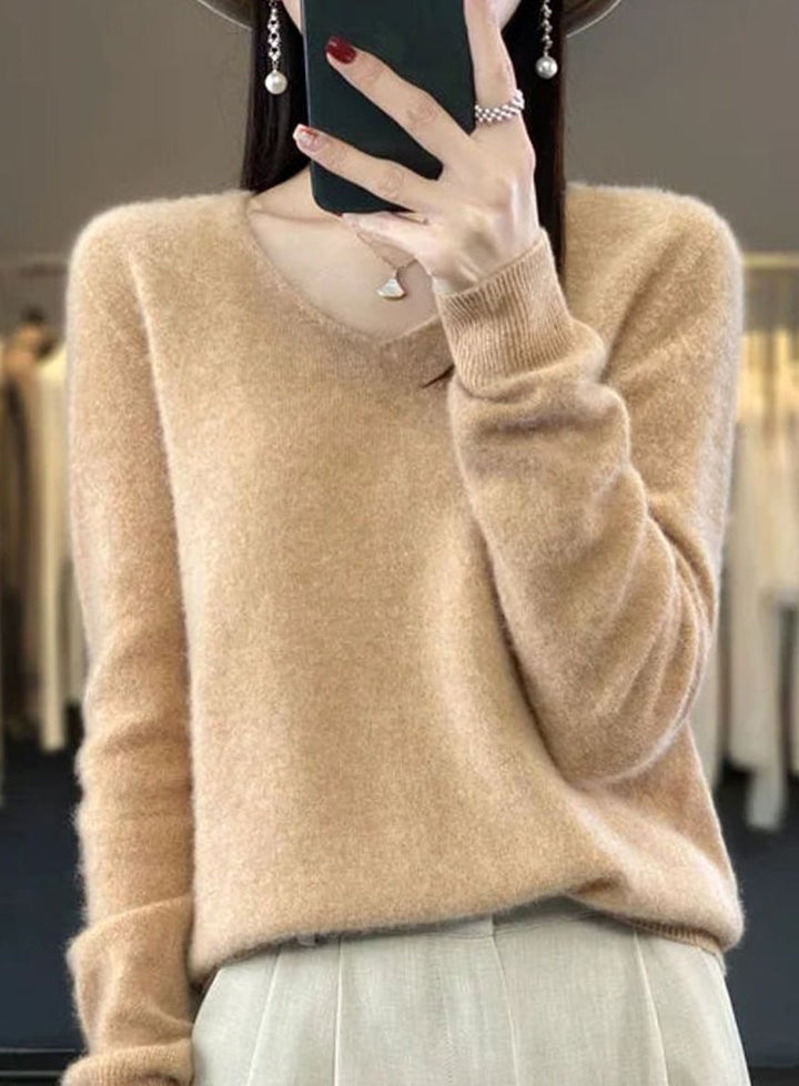 Women's Soft Knit V-Neck Cashmere-Feel Pullover Sweater - Beige