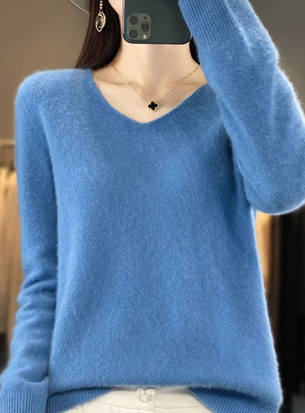 Women's Soft Knit V-Neck Cashmere-Feel Pullover Sweater