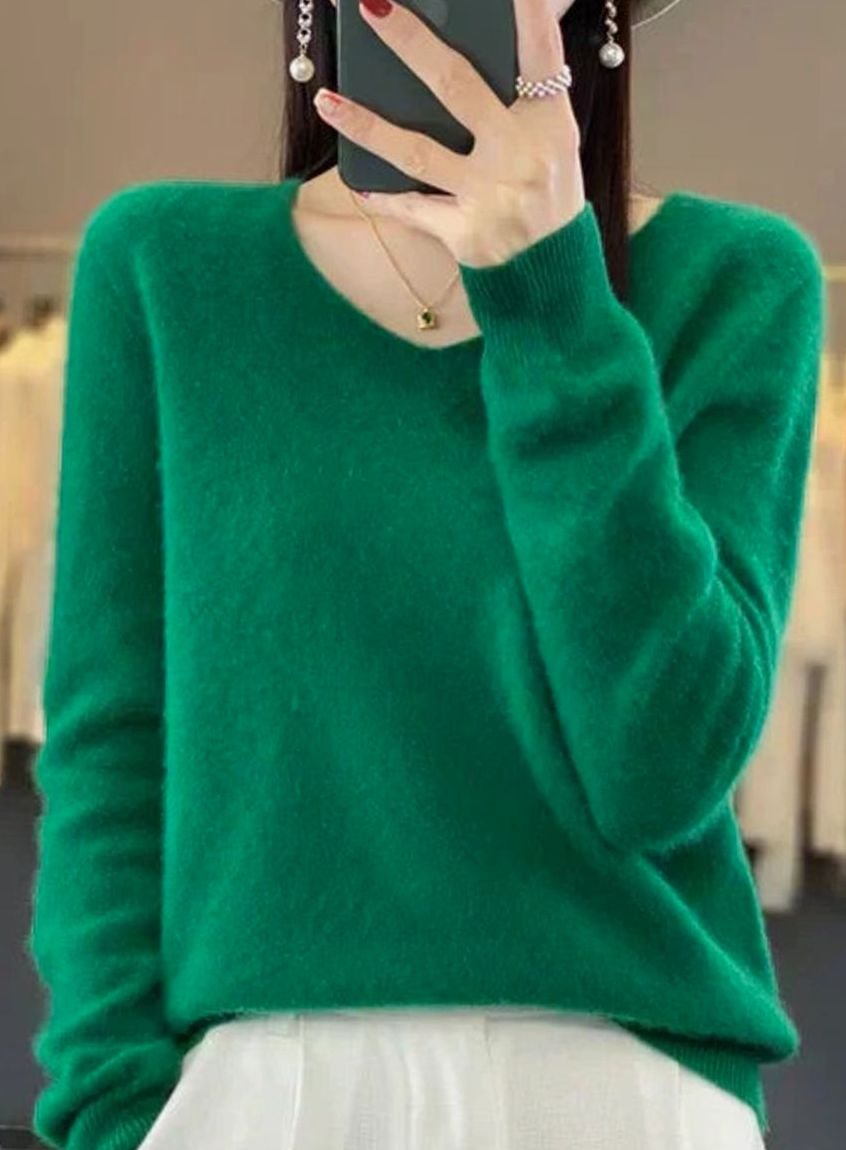 Women's Soft Knit V-Neck Cashmere-Feel Pullover Sweater - Green