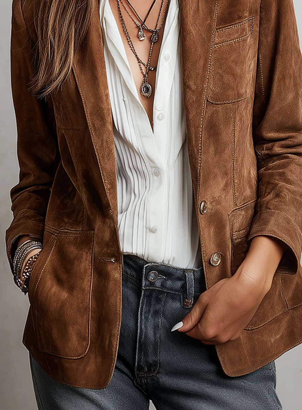 Women's Soft Suede Button-Front Notch Lapel Blazer Jacket