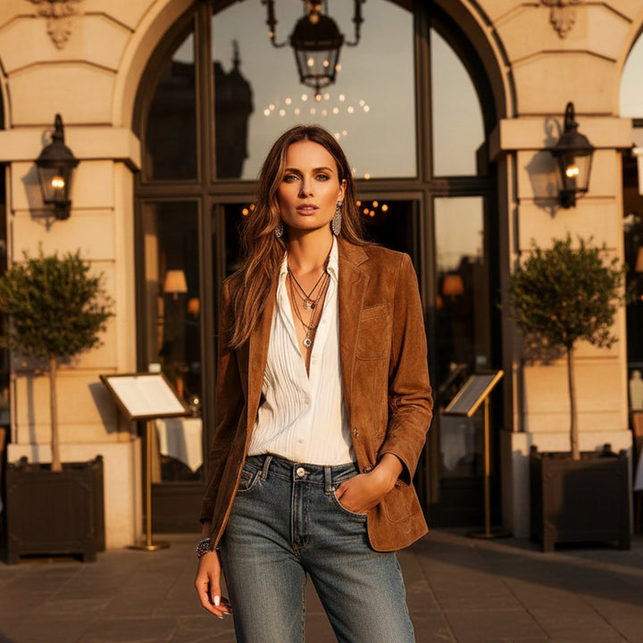 Women's Soft Suede Button-Front Notch Lapel Blazer Jacket