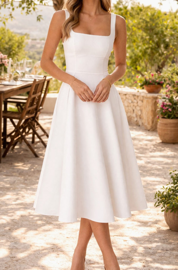 Women's Square-Neck Sleeveless A-Line Midi Dress - White