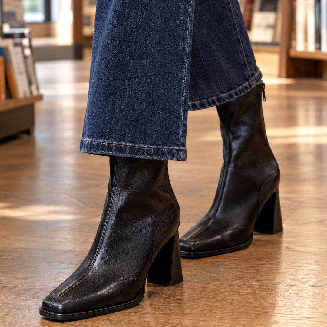 Women's Square-Toe Block-Heel Ankle Boots Back Zip - Black Single Lining
