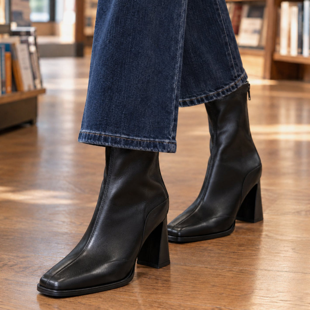 Women's Square-Toe Block-Heel Ankle Boots Back Zip - Black