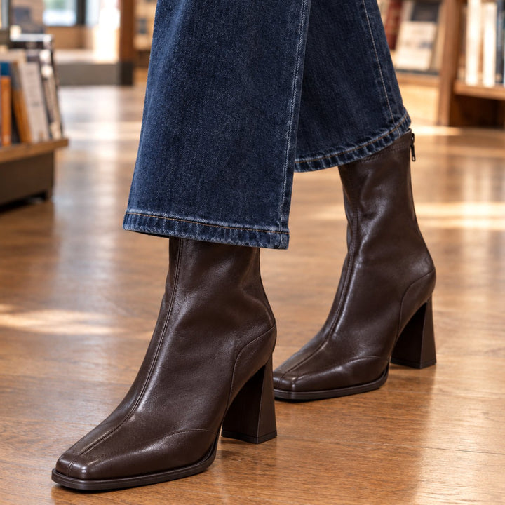 Women's Square-Toe Block-Heel Ankle Boots Back Zip - Brown