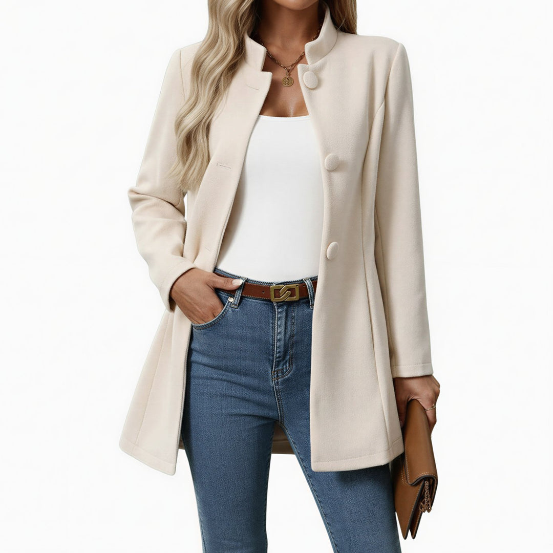 Women's Stand-Collar Button-Front A-Line Mid-Length Coat - Cream