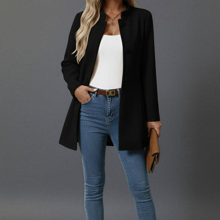 Women's Stand-Collar Button-Front A-Line Mid-Length Coat - Black