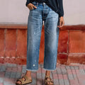 Sophia | Women's Straight-Leg Cropped Baggy Jeans Raw-Hem Distressed Denim