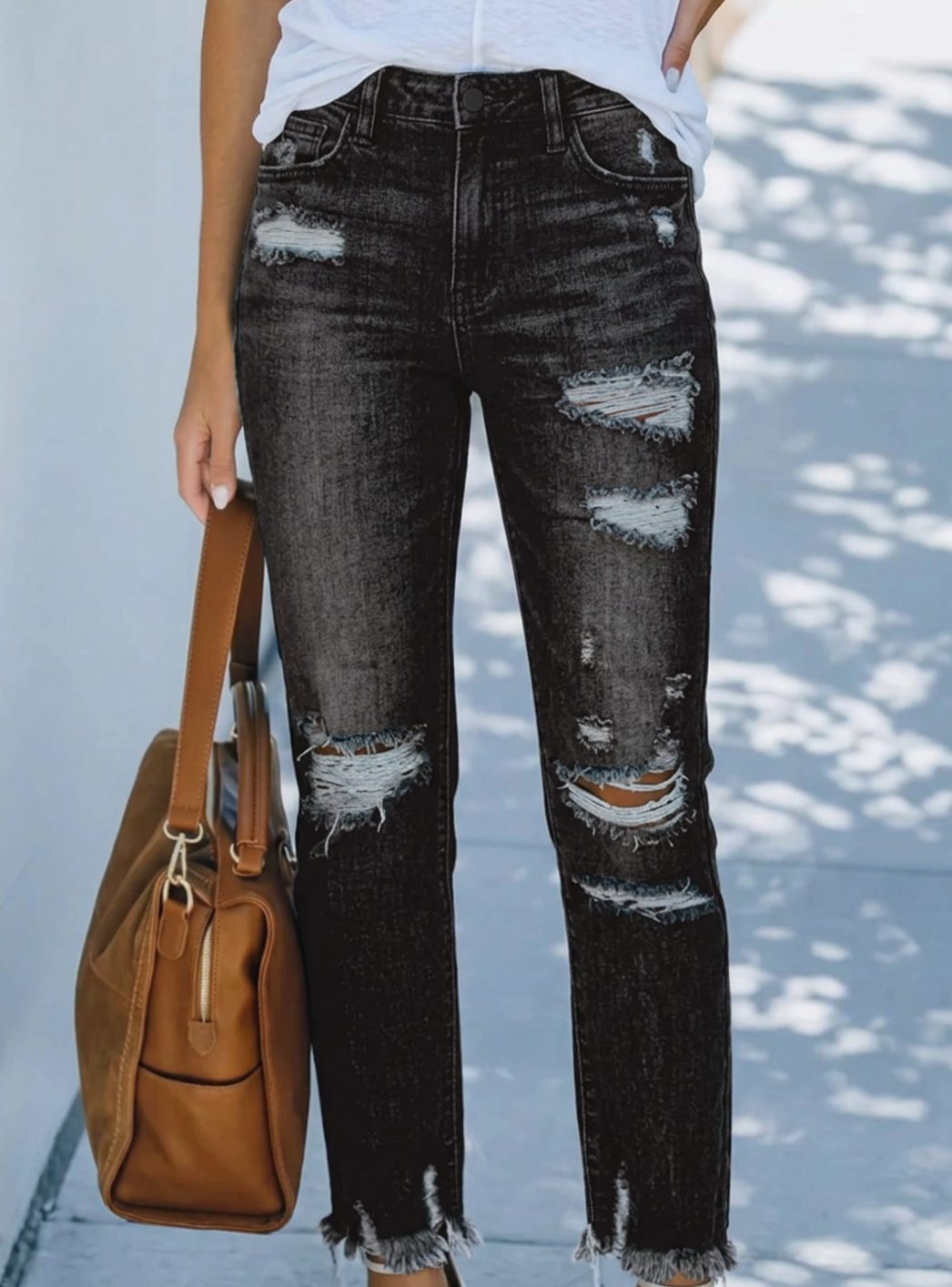 Women's Straight-Leg Cropped Baggy Jeans Raw-Hem Distressed Denim - Gray