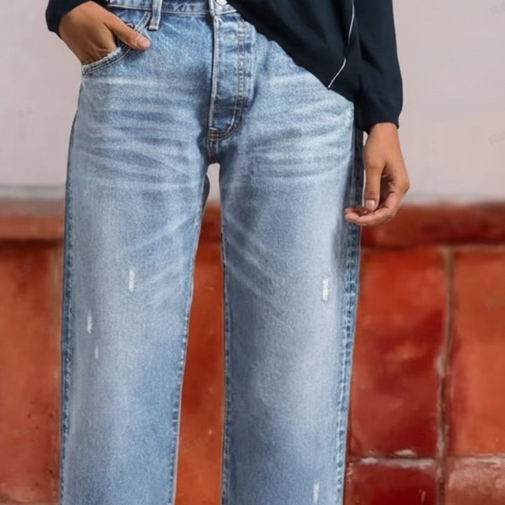 Women's Straight-Leg Cropped Baggy Jeans Raw-Hem Distressed Denim - Light Blue