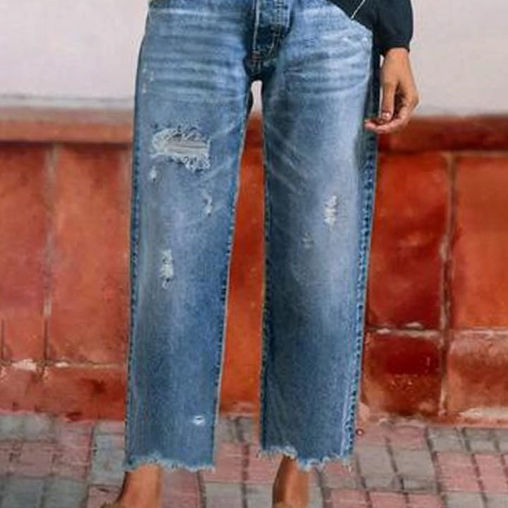 Women's Straight-Leg Cropped Baggy Jeans Raw-Hem Distressed Denim