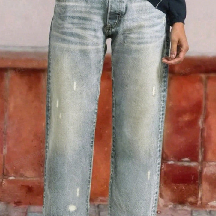 Women's Straight-Leg Cropped Baggy Jeans Raw-Hem Distressed Denim - Vintage Blue