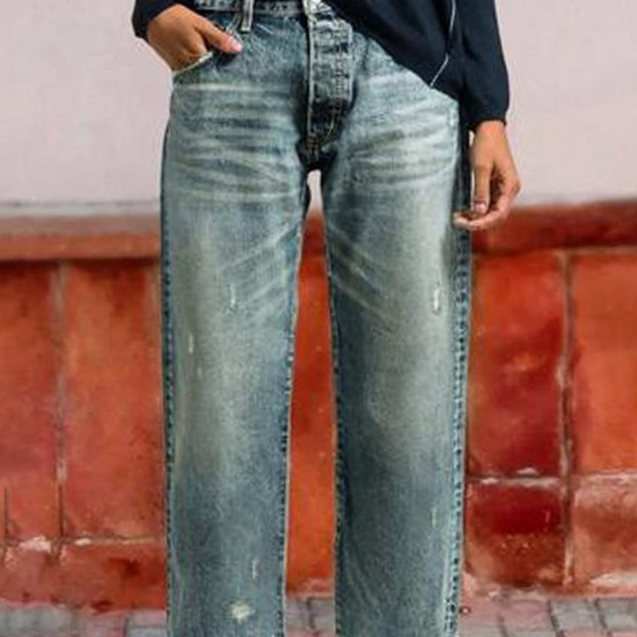 Women's Straight-Leg Cropped Baggy Jeans Raw-Hem Distressed Denim - Medium Blue
