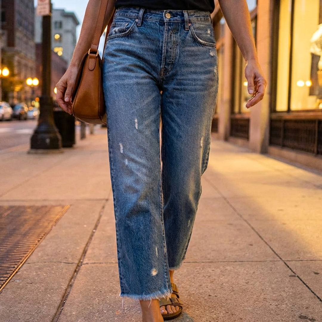 Women's Straight-Leg Cropped Baggy Jeans Raw-Hem Distressed Denim