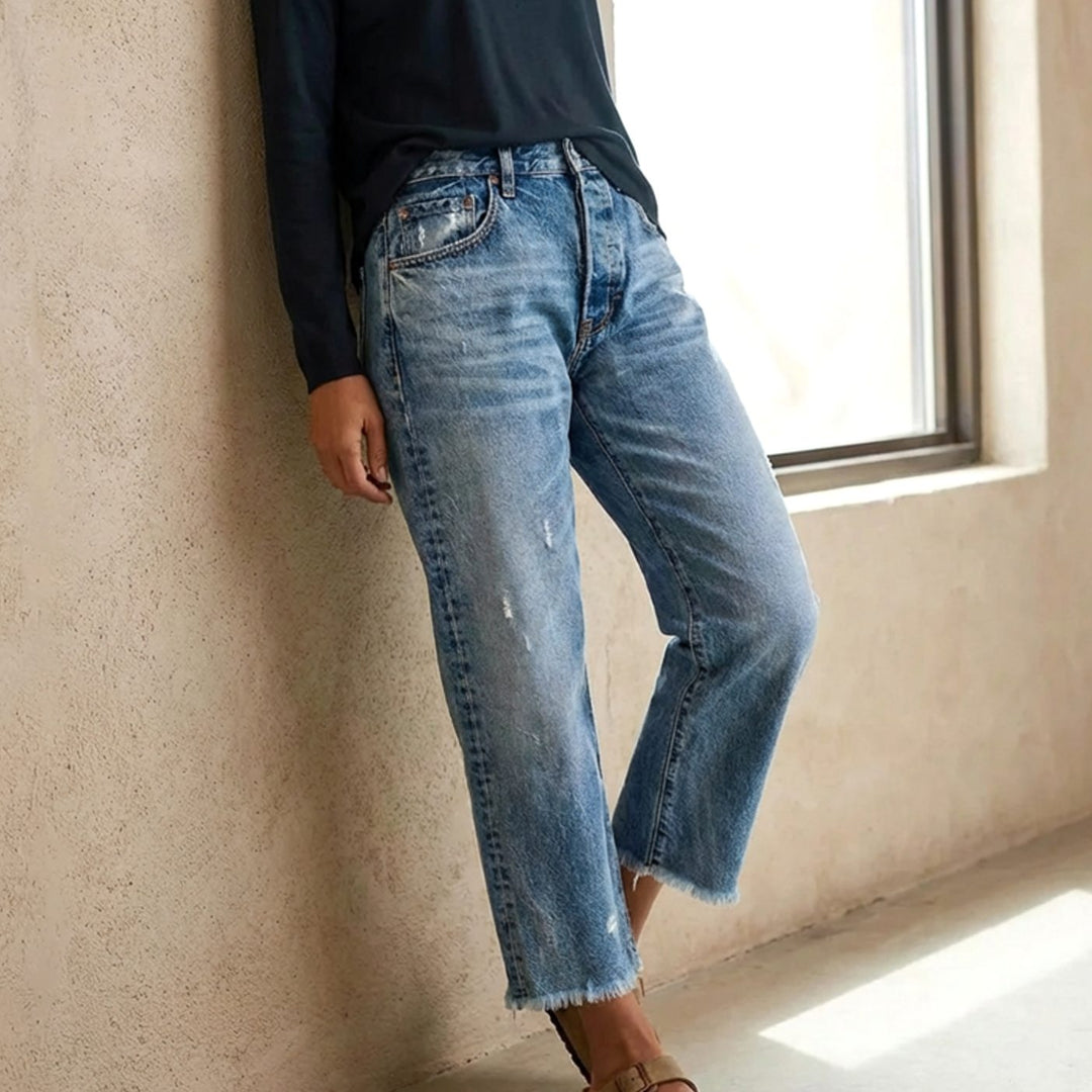 Women's Straight-Leg Cropped Baggy Jeans Raw-Hem Distressed Denim
