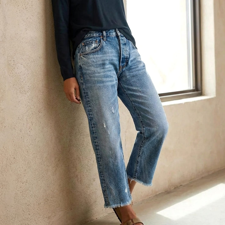 Women's Straight-Leg Cropped Baggy Jeans Raw-Hem Distressed Denim