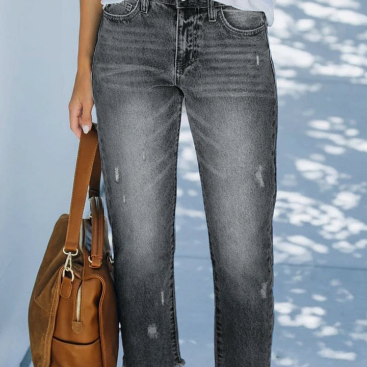 Women's Straight-Leg Cropped Baggy Jeans Raw-Hem Distressed Denim