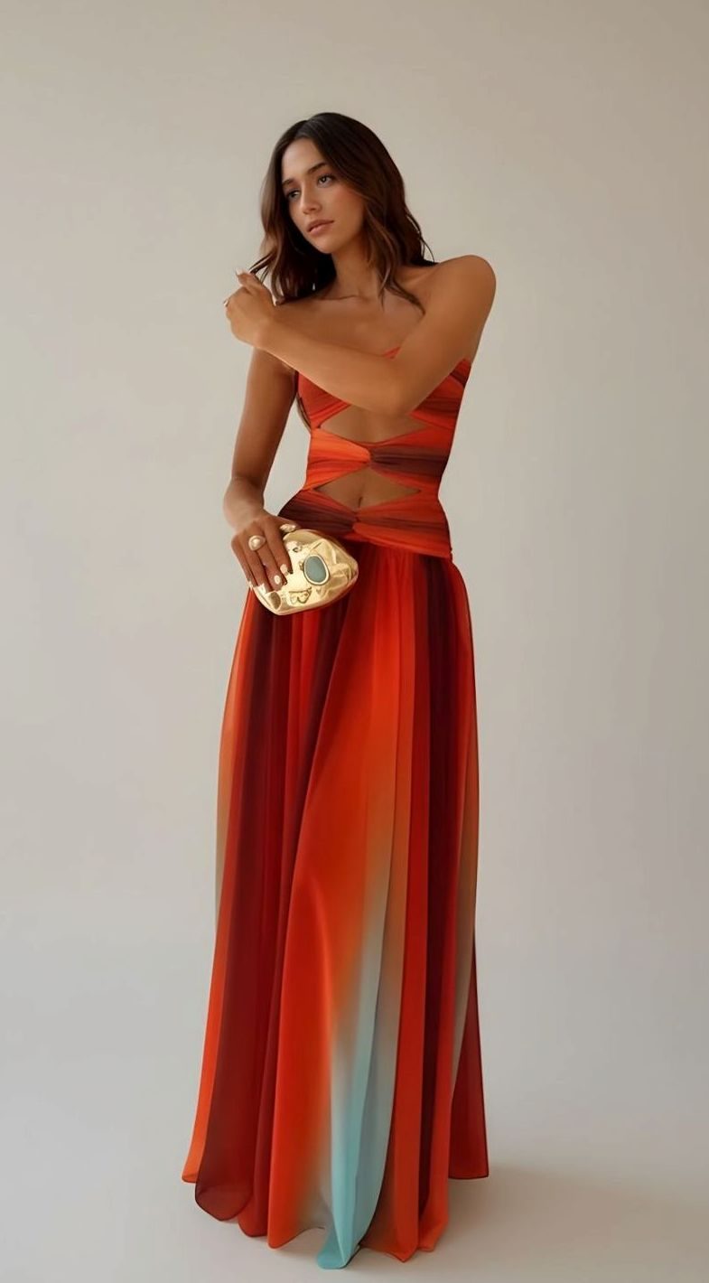 Women's Strapless Cut-Out Waist Ombre Pleated Maxi Dress, Burgundy