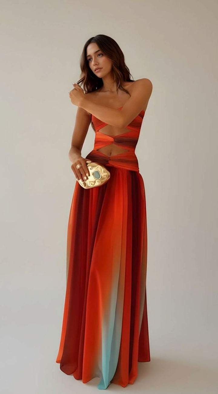 Women's Strapless Cut-Out Waist Ombre Pleated Maxi Dress, Burgundy