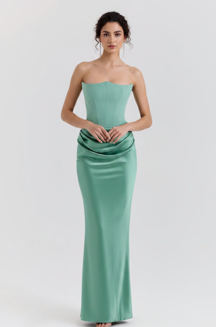 Women's Strapless Draped Satin Corset Maxi Gown