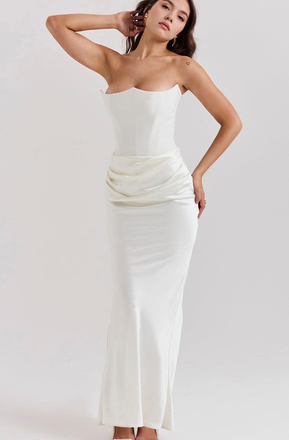 Women's Strapless Draped Satin Corset Maxi Gown