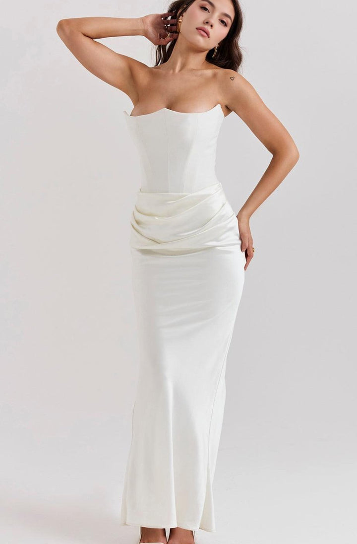 Women's Strapless Draped Satin Corset Maxi Gown