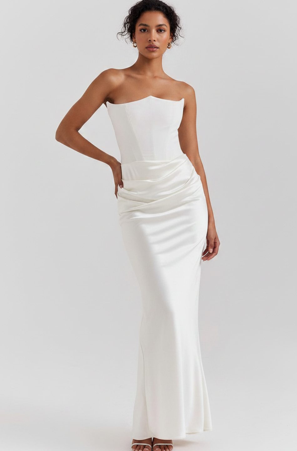 Women's Strapless Draped Satin Corset Maxi Gown - White