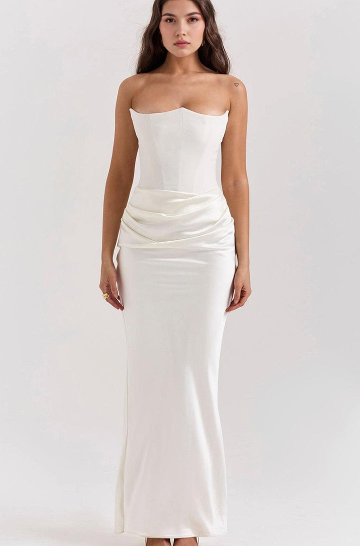 Women's Strapless Draped Satin Corset Maxi Gown