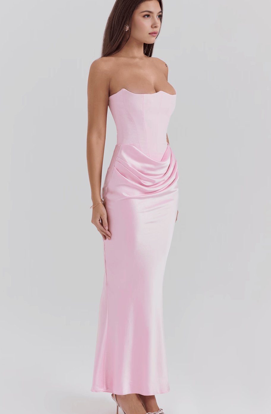 Women's Strapless Draped Satin Corset Maxi Gown