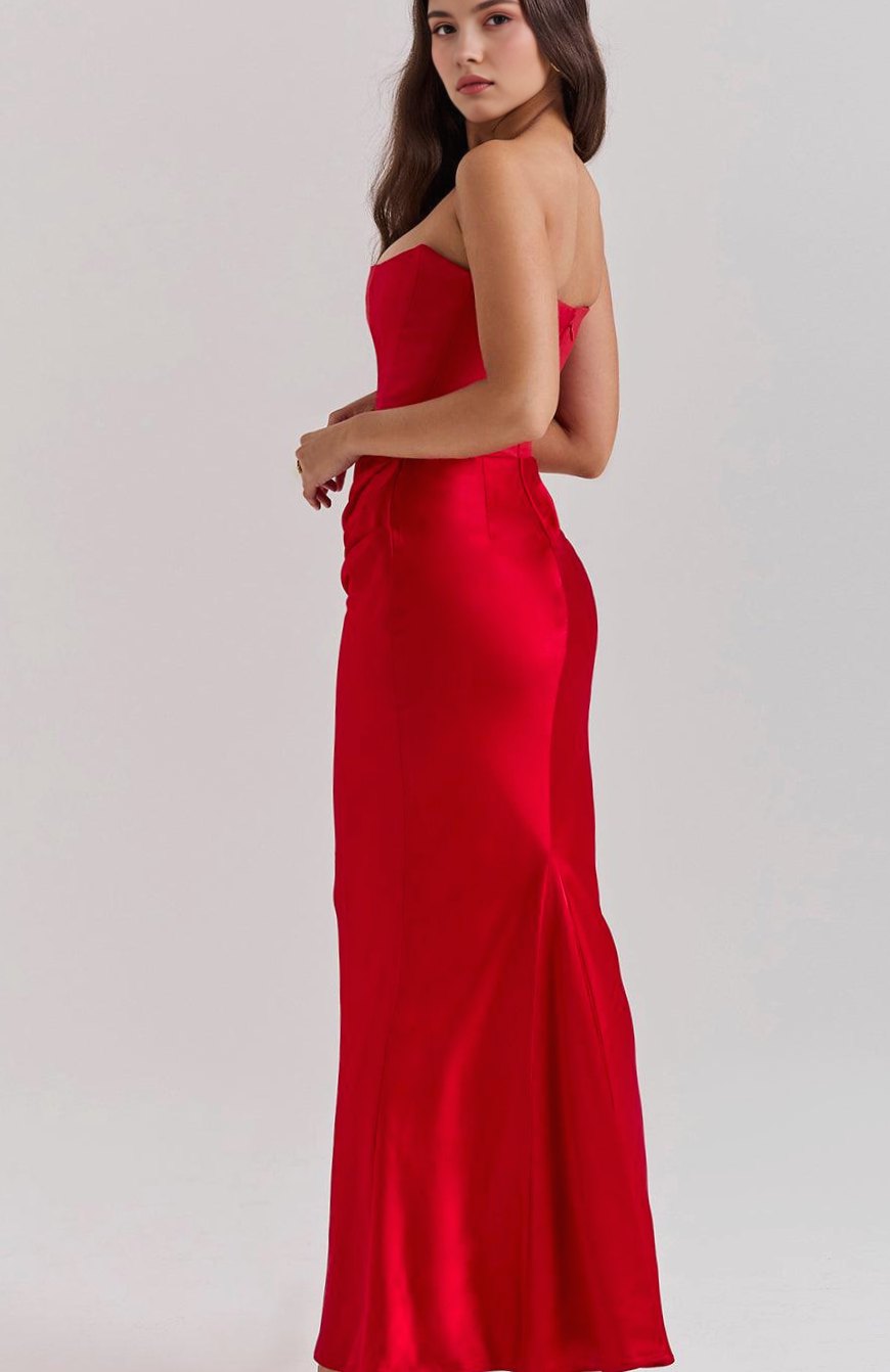 Women's Strapless Draped Satin Corset Maxi Gown