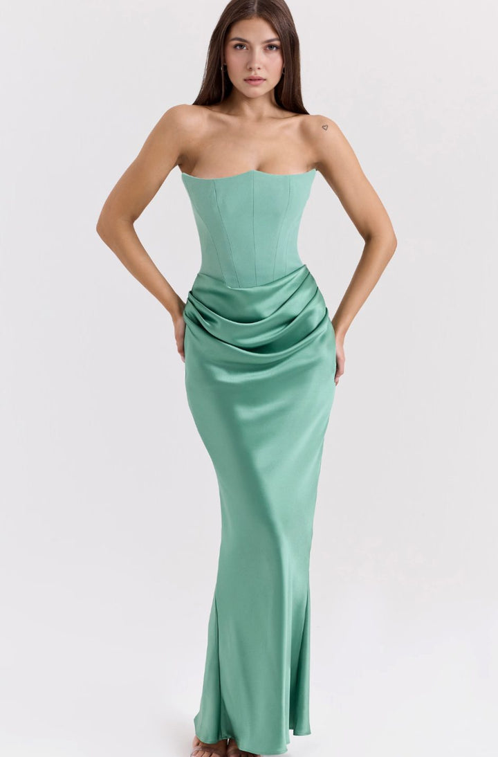 Women's Strapless Draped Satin Corset Maxi Gown - Emerald Green