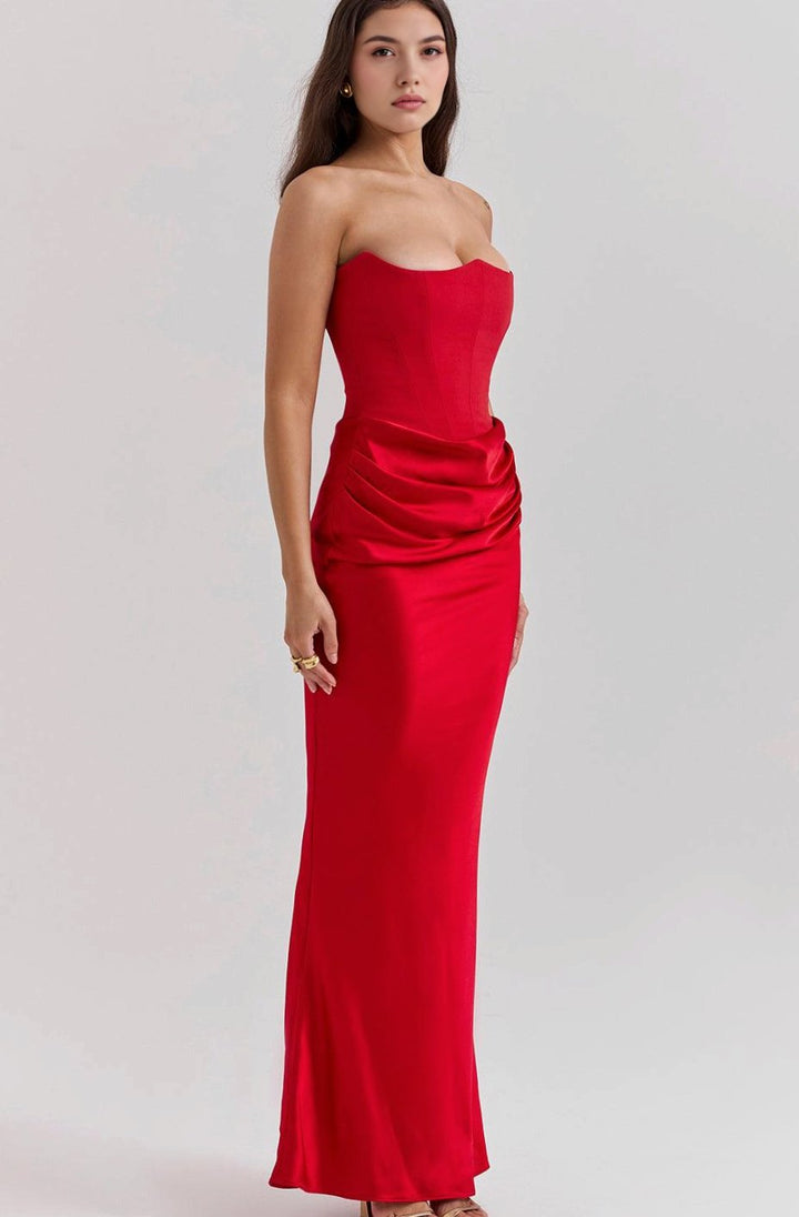 Women's Strapless Draped Satin Corset Maxi Gown