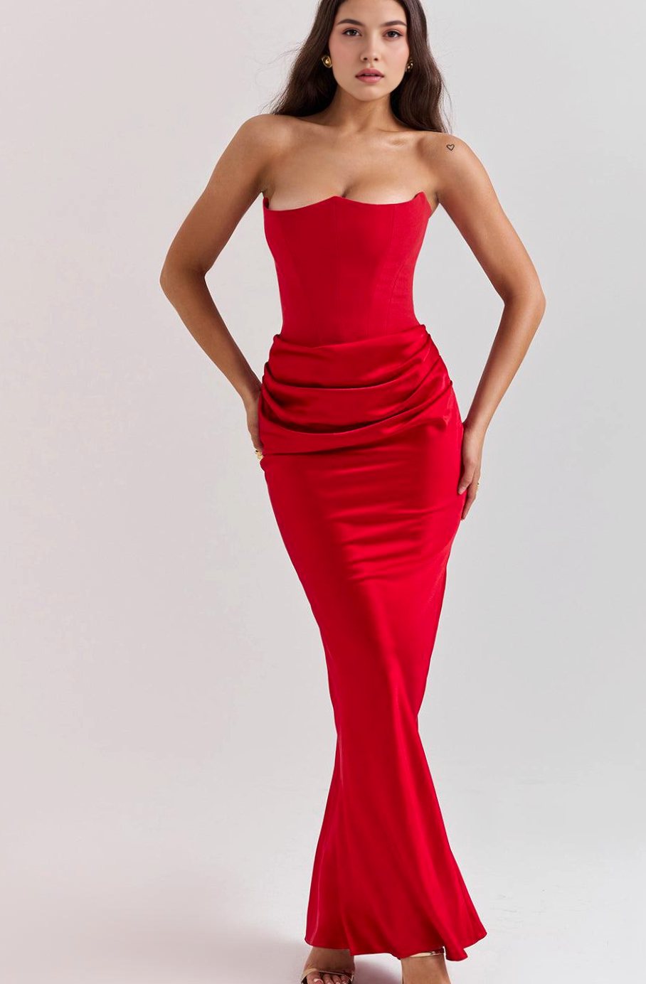 Women's Strapless Draped Satin Corset Maxi Gown - Red