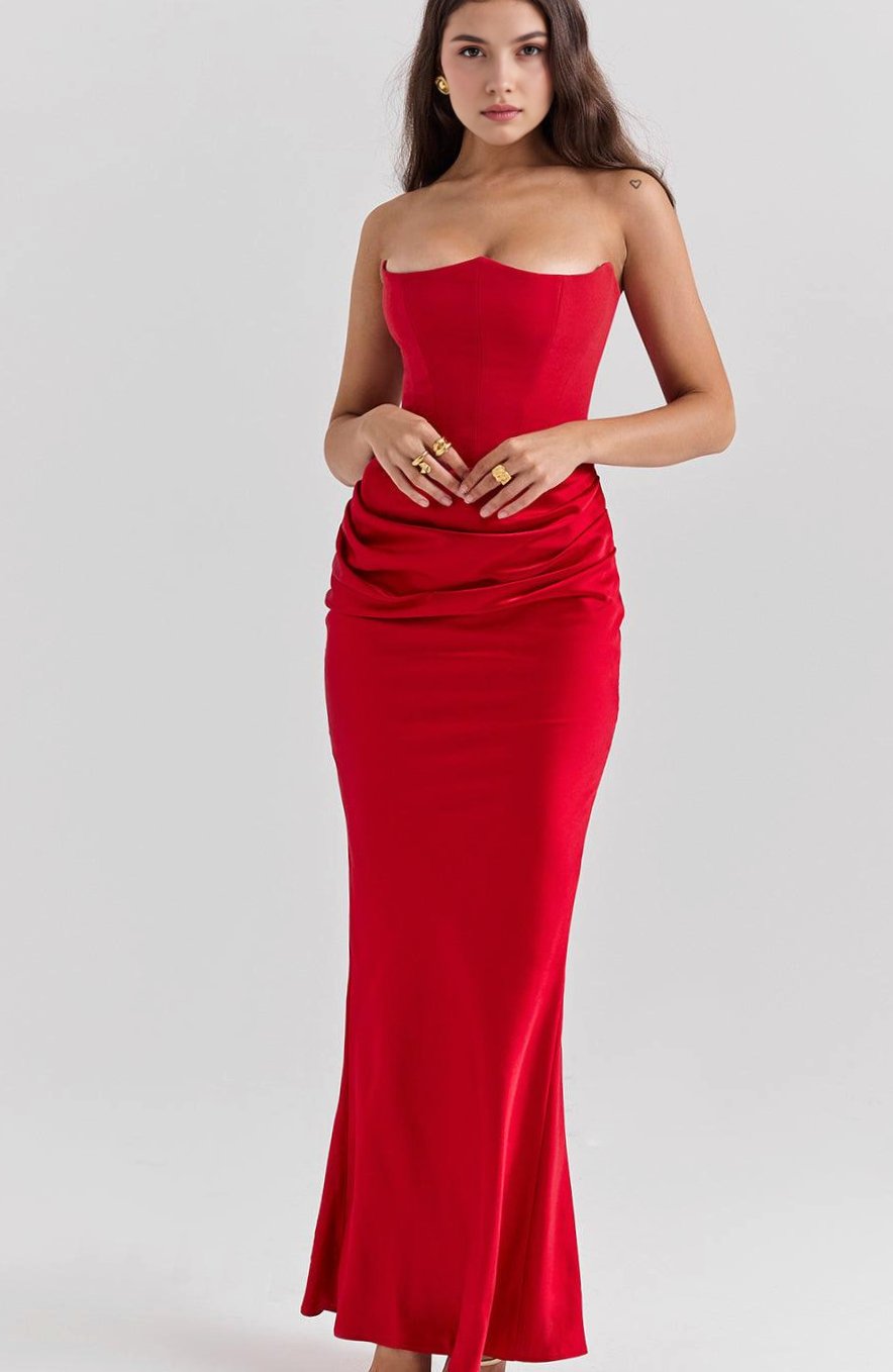 Women's Strapless Draped Satin Corset Maxi Gown