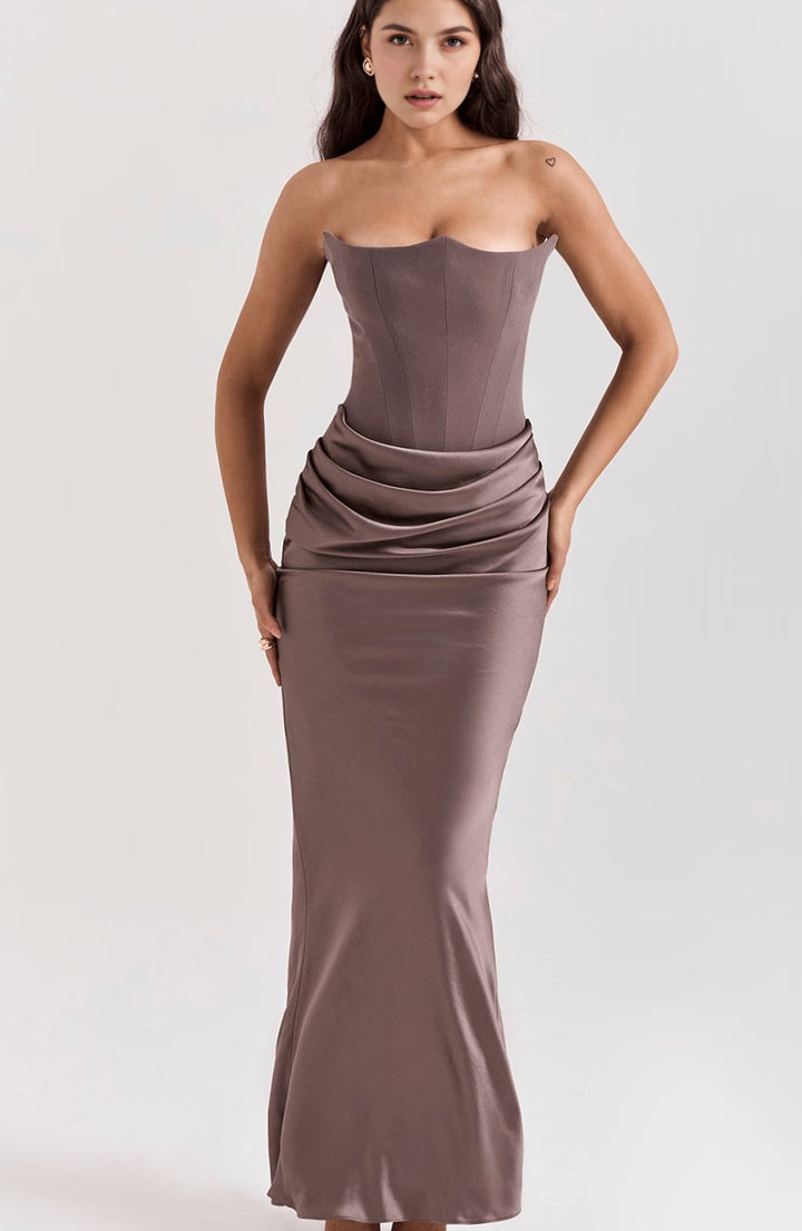 Women's Strapless Draped Satin Corset Maxi Gown