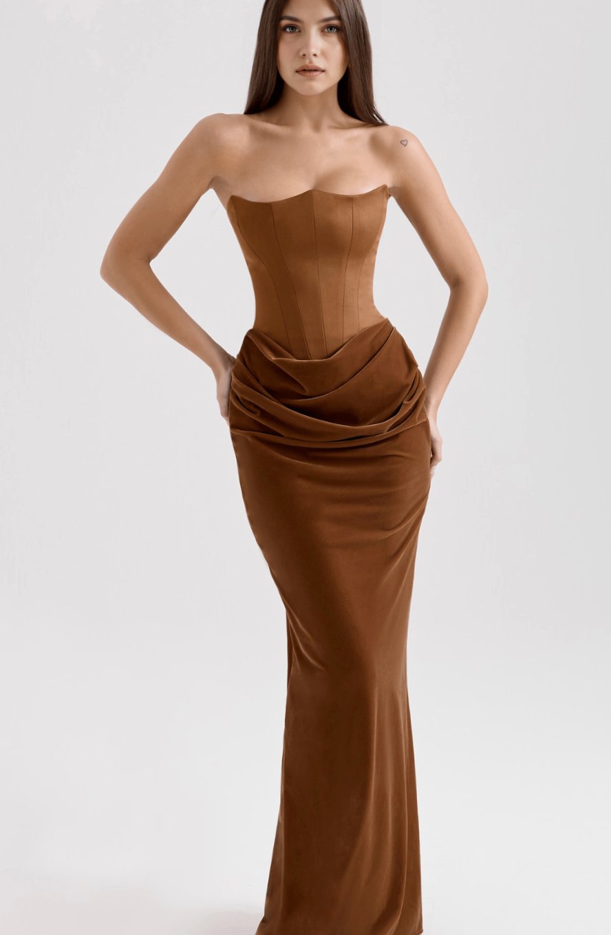 Women's Strapless Draped Satin Corset Maxi Gown