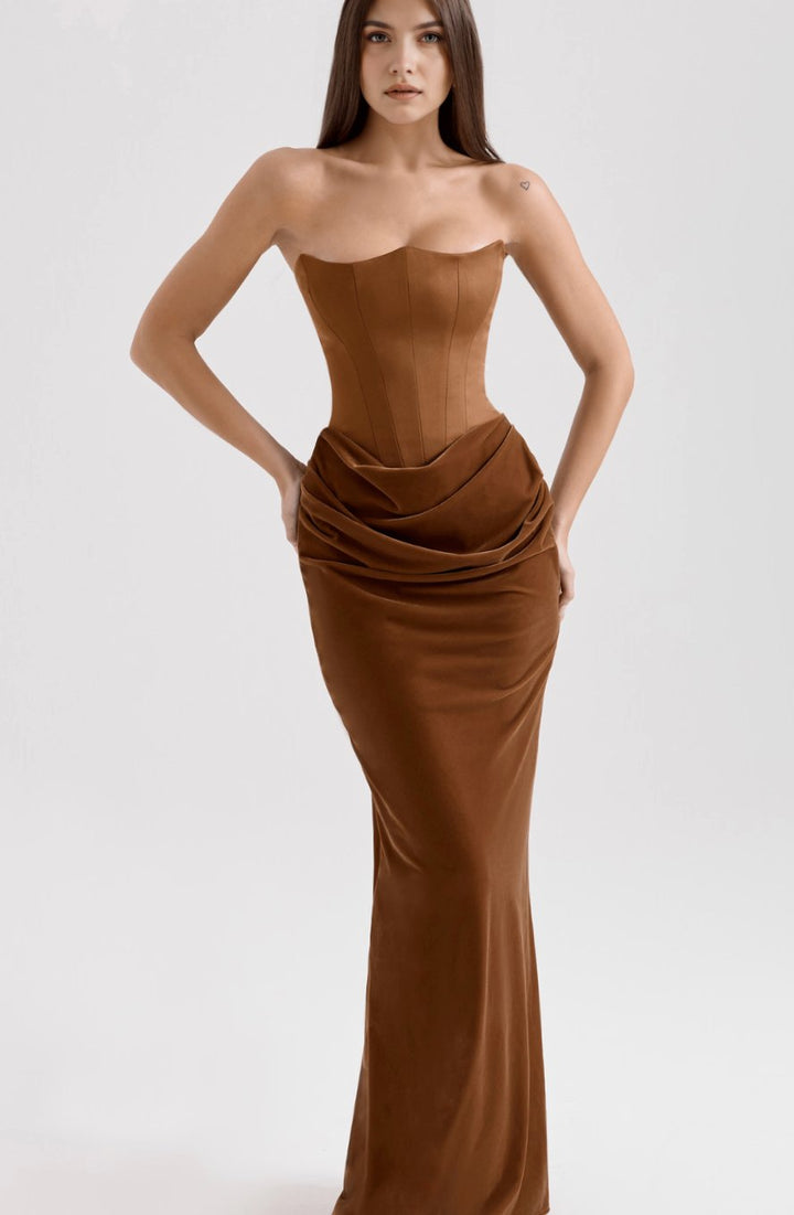 Women's Strapless Draped Satin Corset Maxi Gown