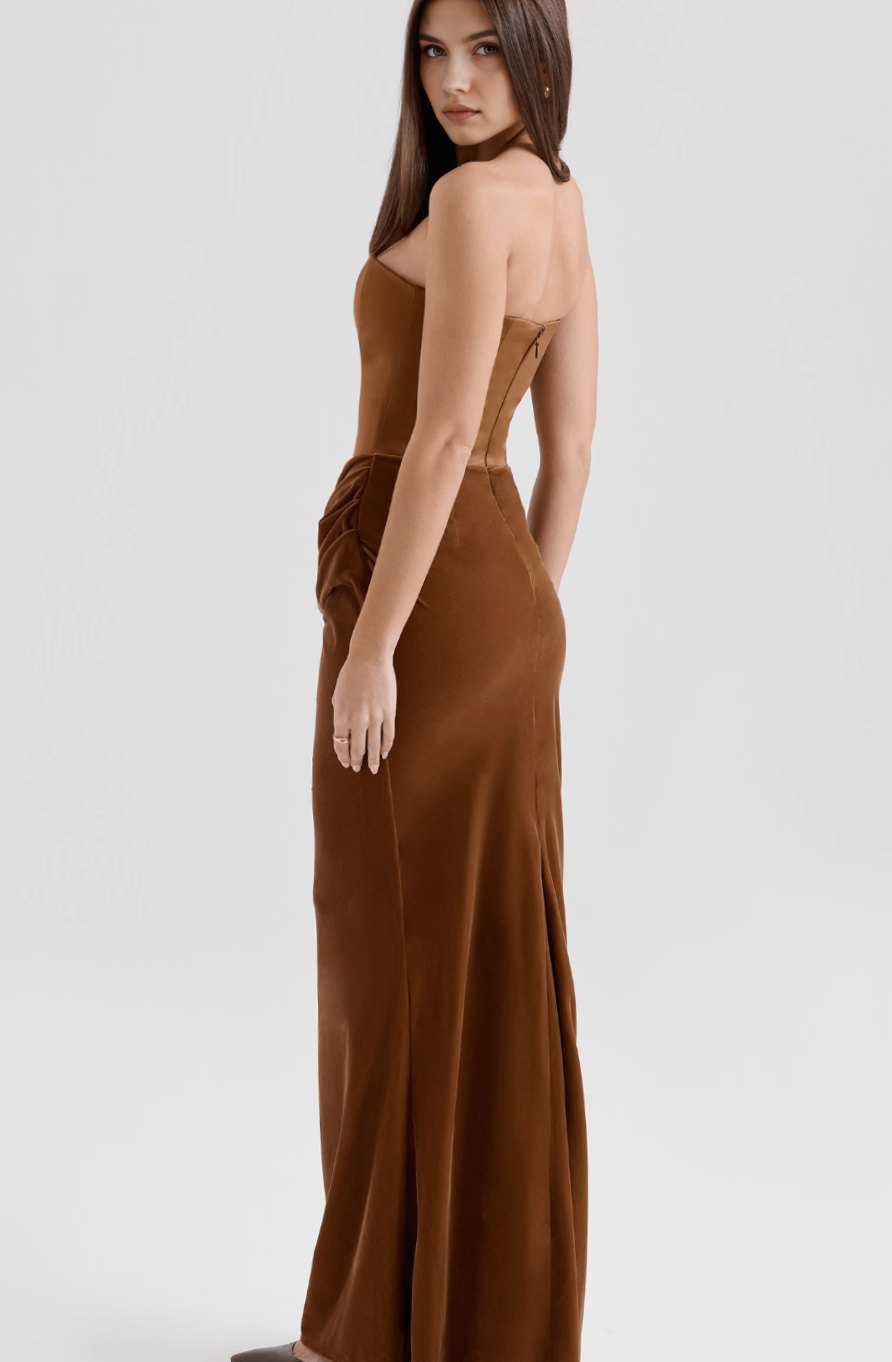 Women's Strapless Draped Satin Corset Maxi Gown