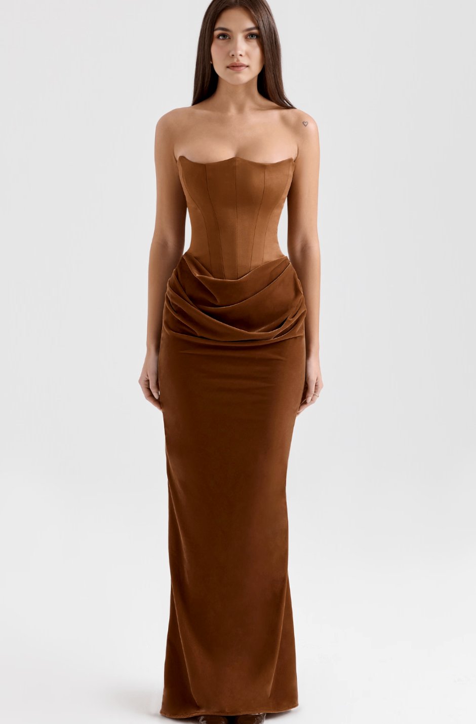 Women's Strapless Draped Satin Corset Maxi Gown