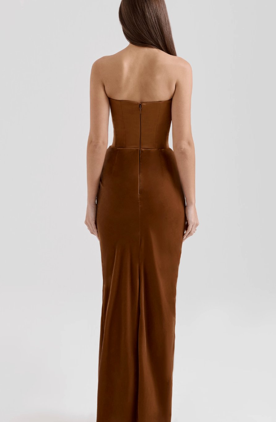 Women's Strapless Draped Satin Corset Maxi Gown