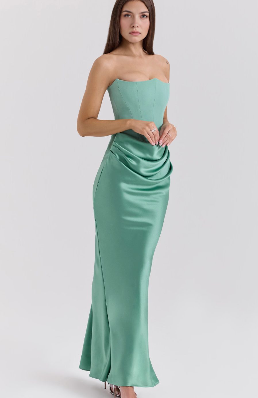 Women's Strapless Draped Satin Corset Maxi Gown