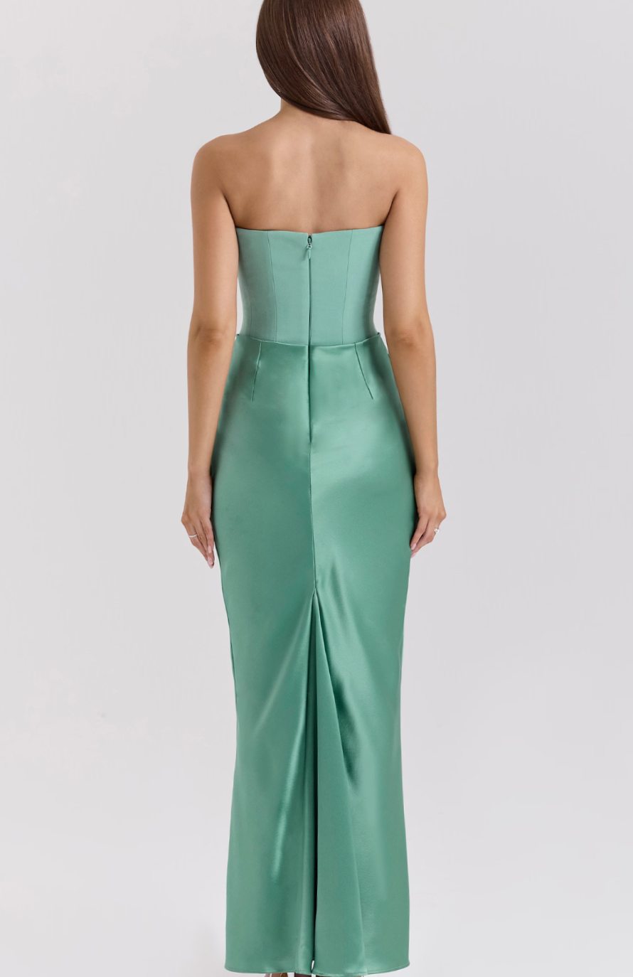 Women's Strapless Draped Satin Corset Maxi Gown