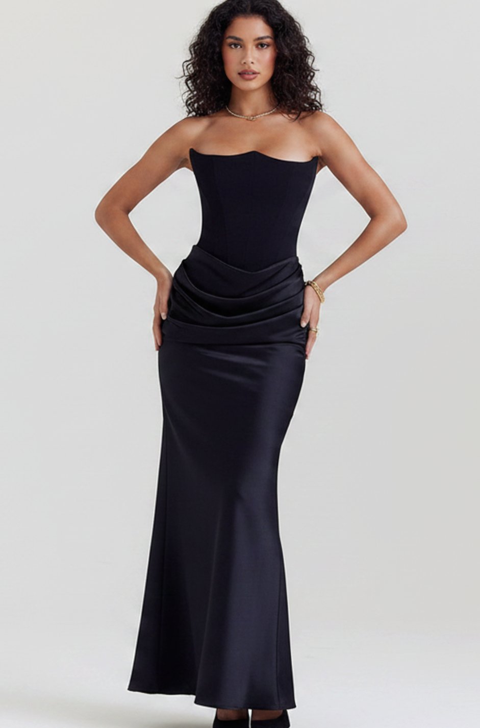 Women's Strapless Draped Satin Corset Maxi Gown