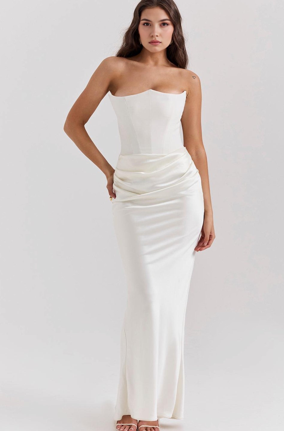 Women's Strapless Draped Satin Maxi Gown - White