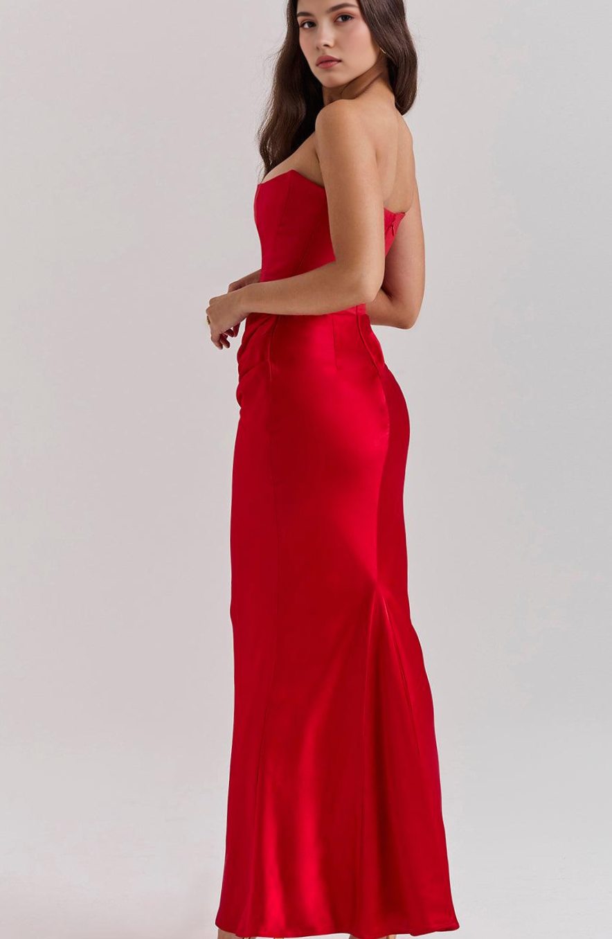 Women's Strapless Draped Satin Maxi Gown