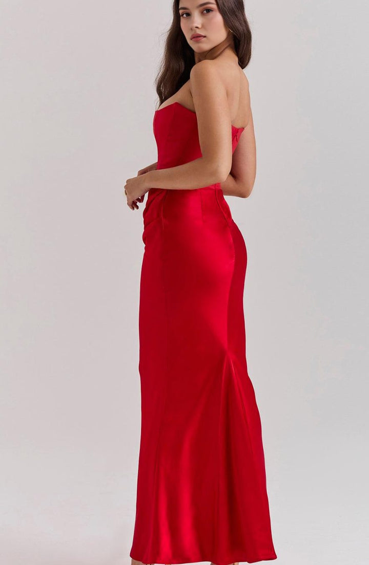 Women's Strapless Draped Satin Maxi Gown