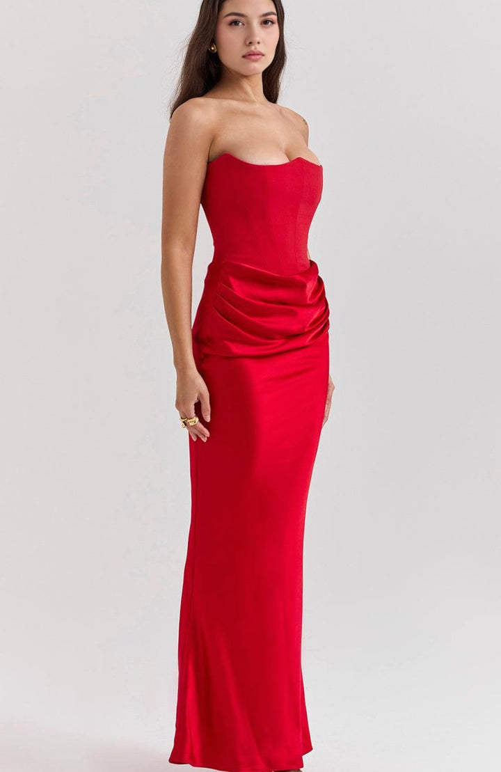 Women's Strapless Draped Satin Maxi Gown
